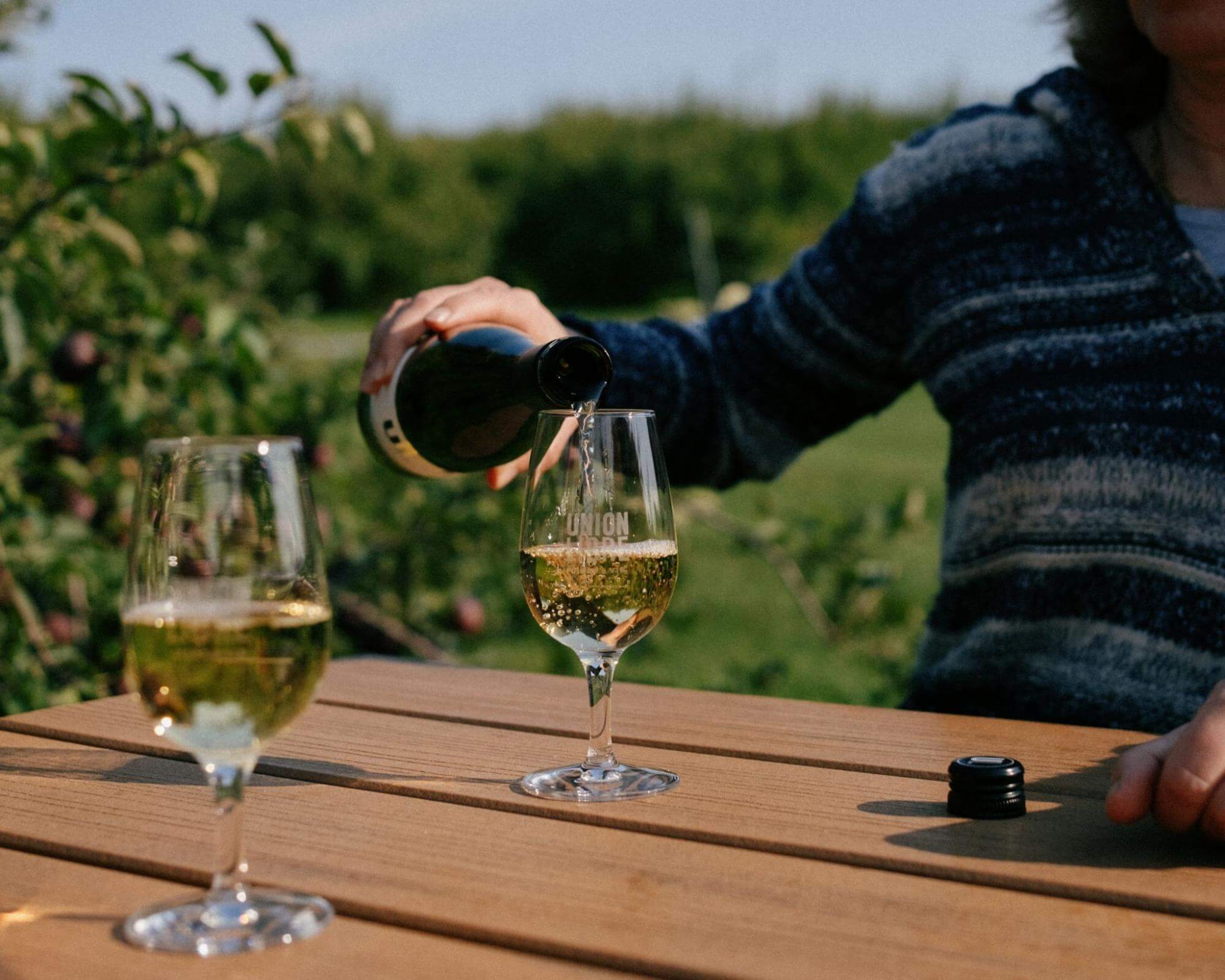 image3 1 Femme qui verse du vin blanc dans une coupe, dans un vignoble en été