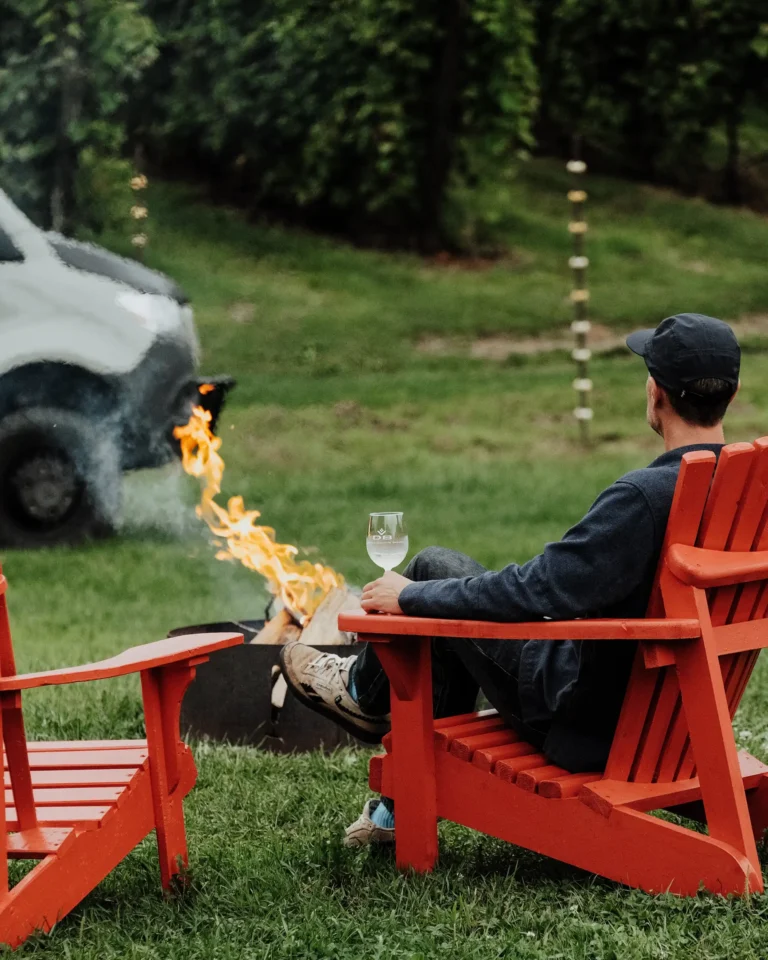 Homme de dos, assis sur une chaise rouge, buvant une coupe de vin, au bord d'un feu.