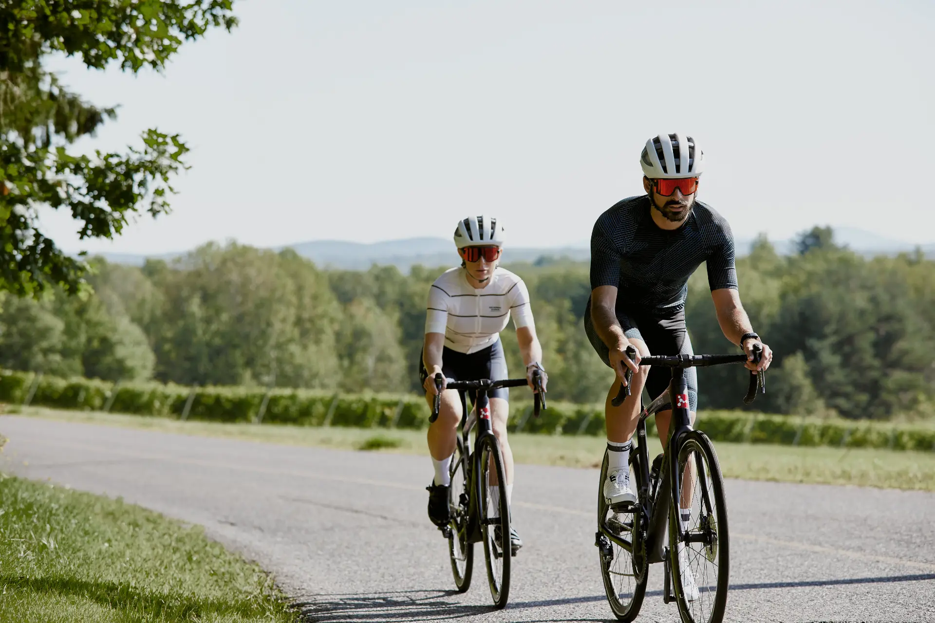 cyclisme route des vins brome missisquoi estrie Deux cyclistes sur une route bordée de vignobles. Scène de la Route des vins de Brome-Missisquoi dans les Cantons-de-l'Est, Estrie.