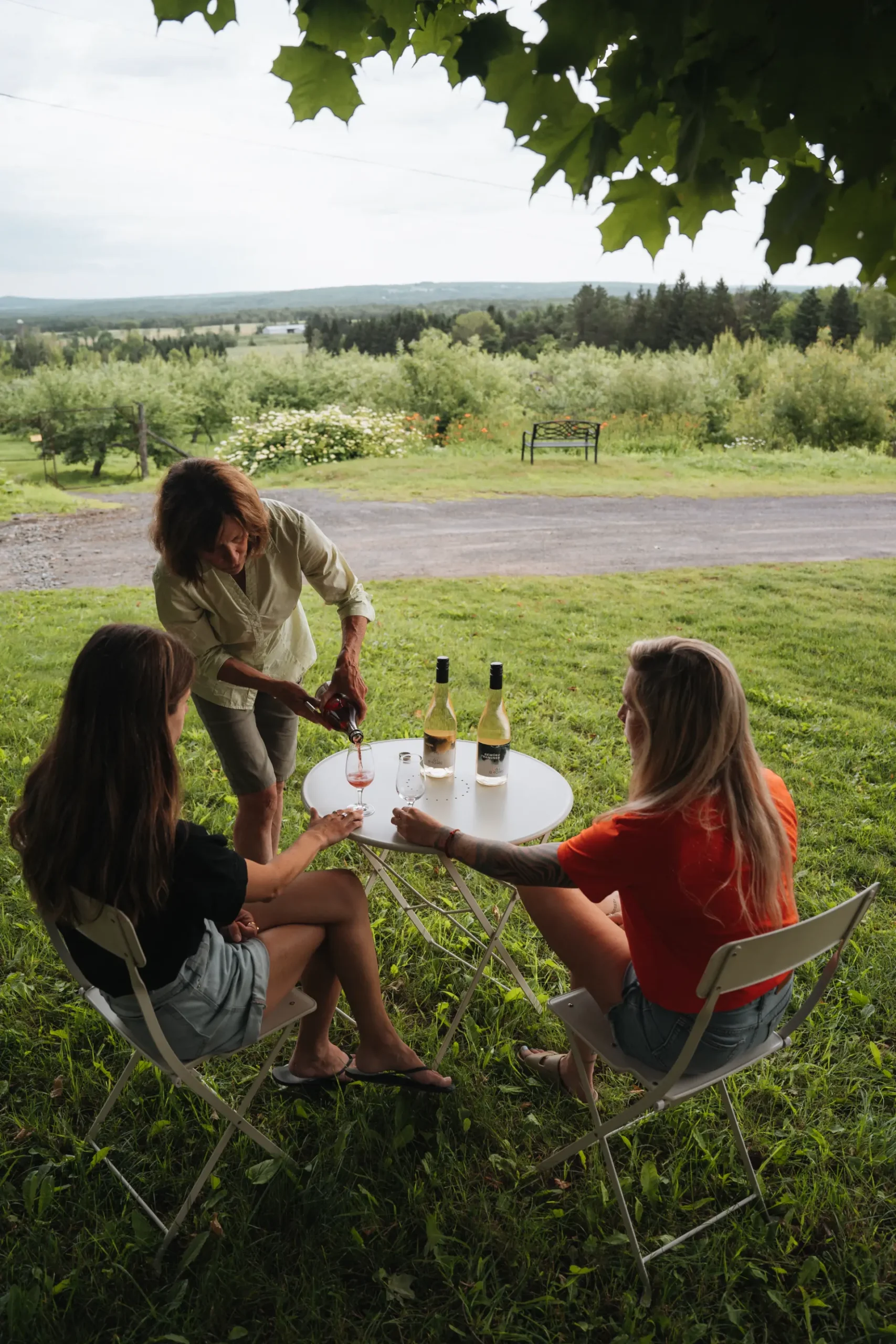 degustation vin route brome missisquoi scaled Trois femmes dégustent du vin rosé à une table en plein air, avec des bouteilles. Ambiance conviviale dans un vignoble des Cantons-de-l'Est.