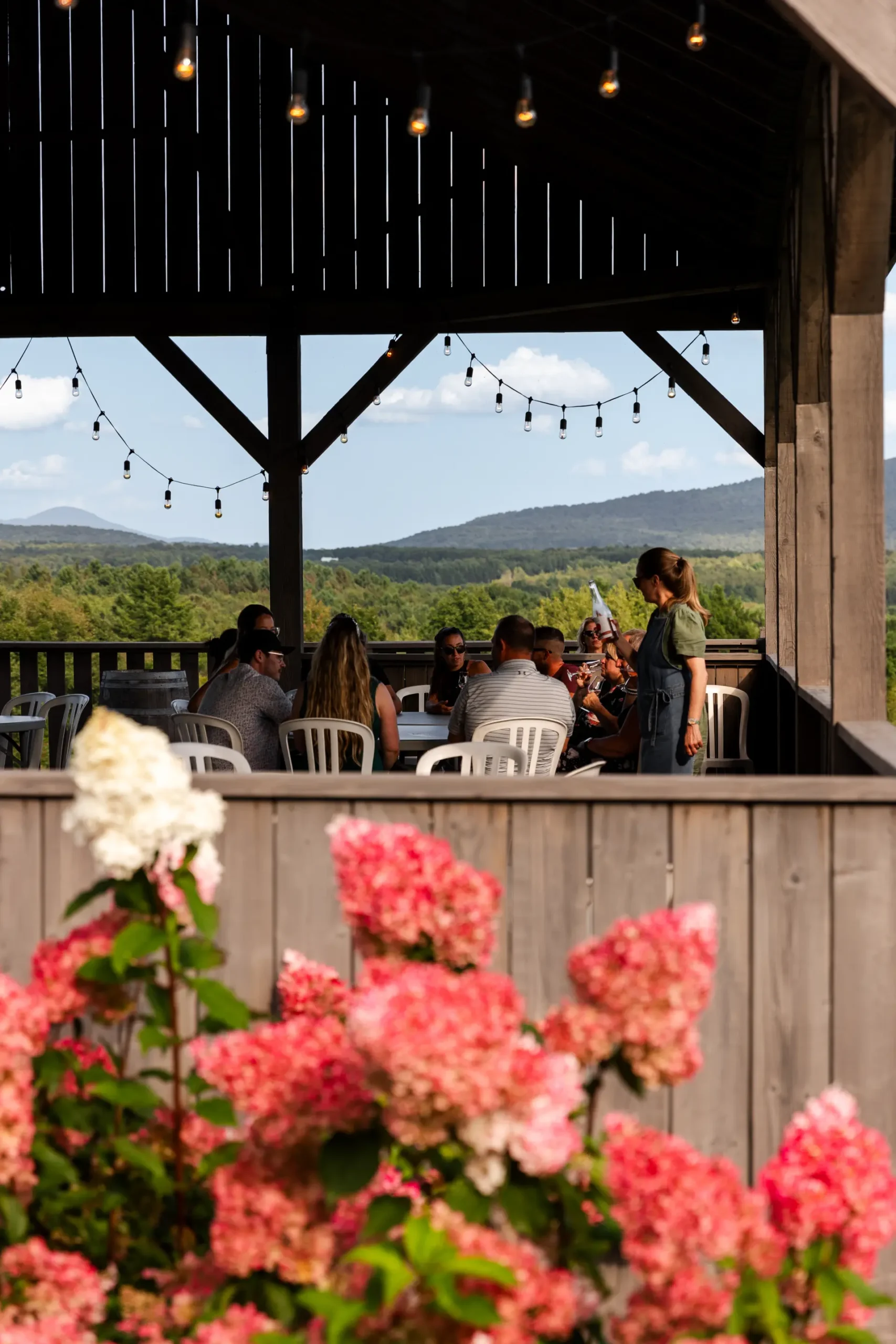 experience vignoble route des vins brome missisquoi scaled Terrasse de vignoble de la Route des vins Brome-Missisquoi. Des convives profitent de la vue sur les Cantons-de-l'Est. Fleurs roses.