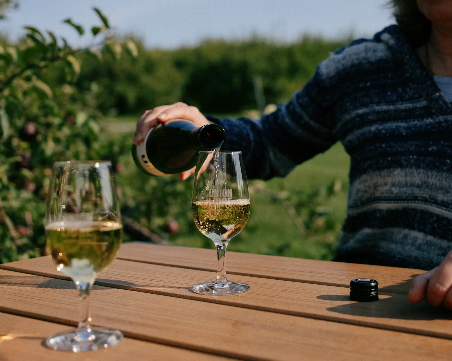 route des vins brome missisquoi degustation Une personne verse du cidre dans un verre sur une table en bois, avec un vignoble en arrière-plan, sur la Route des vins de Brome-Missisquoi.