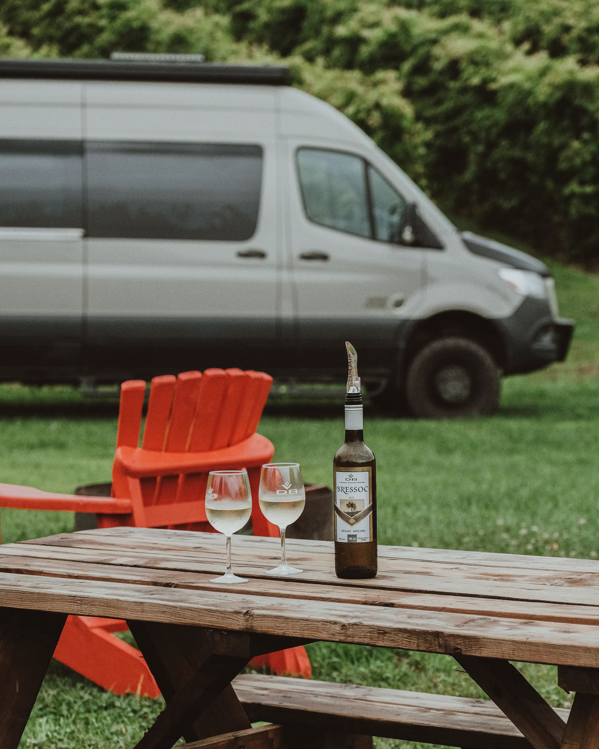route des vins brome missisquoi degustation plein air Bouteille de vin blanc Domaine Bresee et deux coupe sur table de pique-nique en bois. Dégustation sur la Route des vins de Brome-Missisquoi, Cantons-de-l'Est.